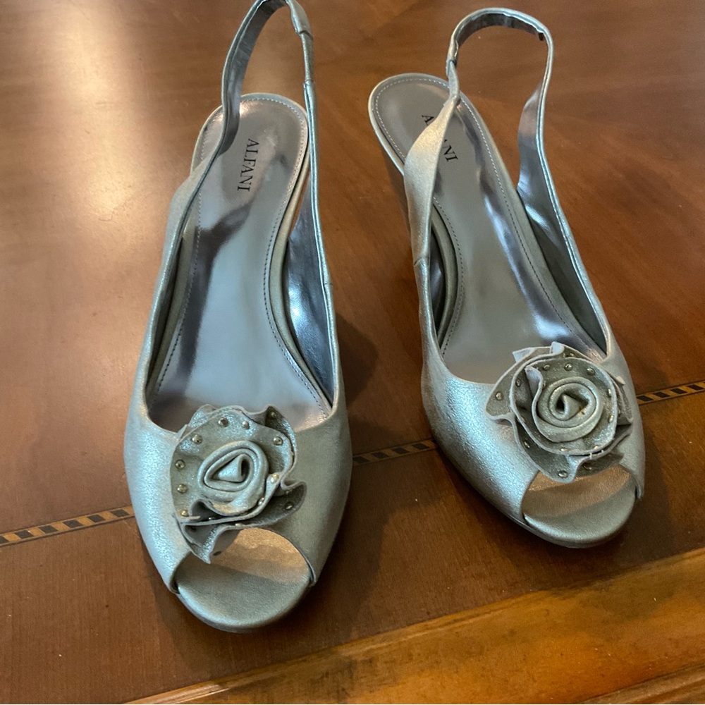 Alfani Metallic Silver Peep-Toe Slingback Heels with Rosette
